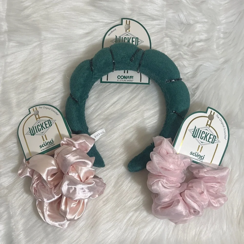 New Scunci Conair Wicked Green Headband Pink Scrunchies Set